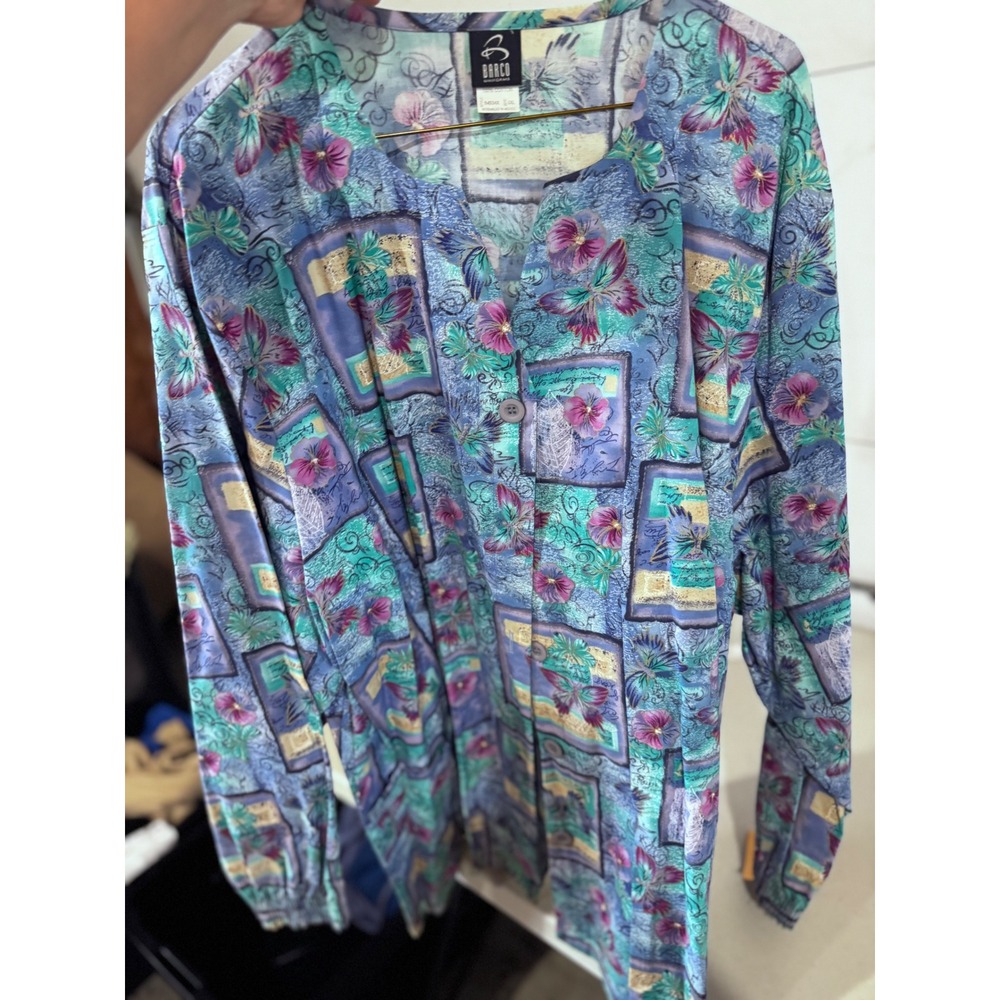 Barco Uniforms Womens XL Blue Butterfly Floral Scrub Top Long Sleeve Cotton